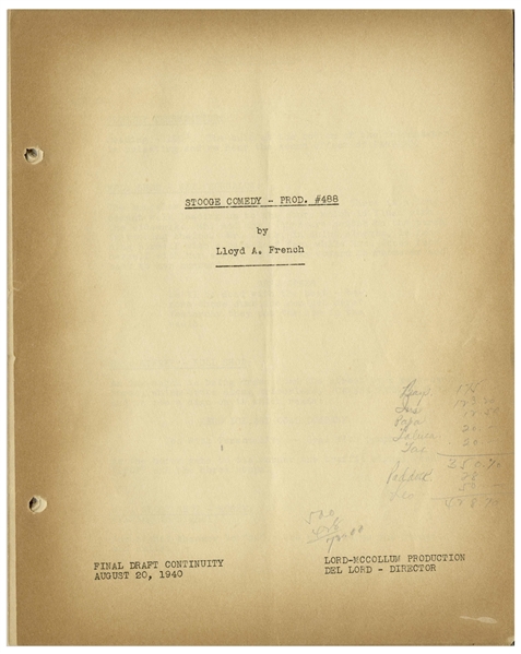Moe Howard's 30pp. Script Dated August 1940 for The 1941 Three Stooges Film ''An Ache in Every Stake'' -- Annotations in Moe's Hand on Cover & Title Page -- Very Good Condition